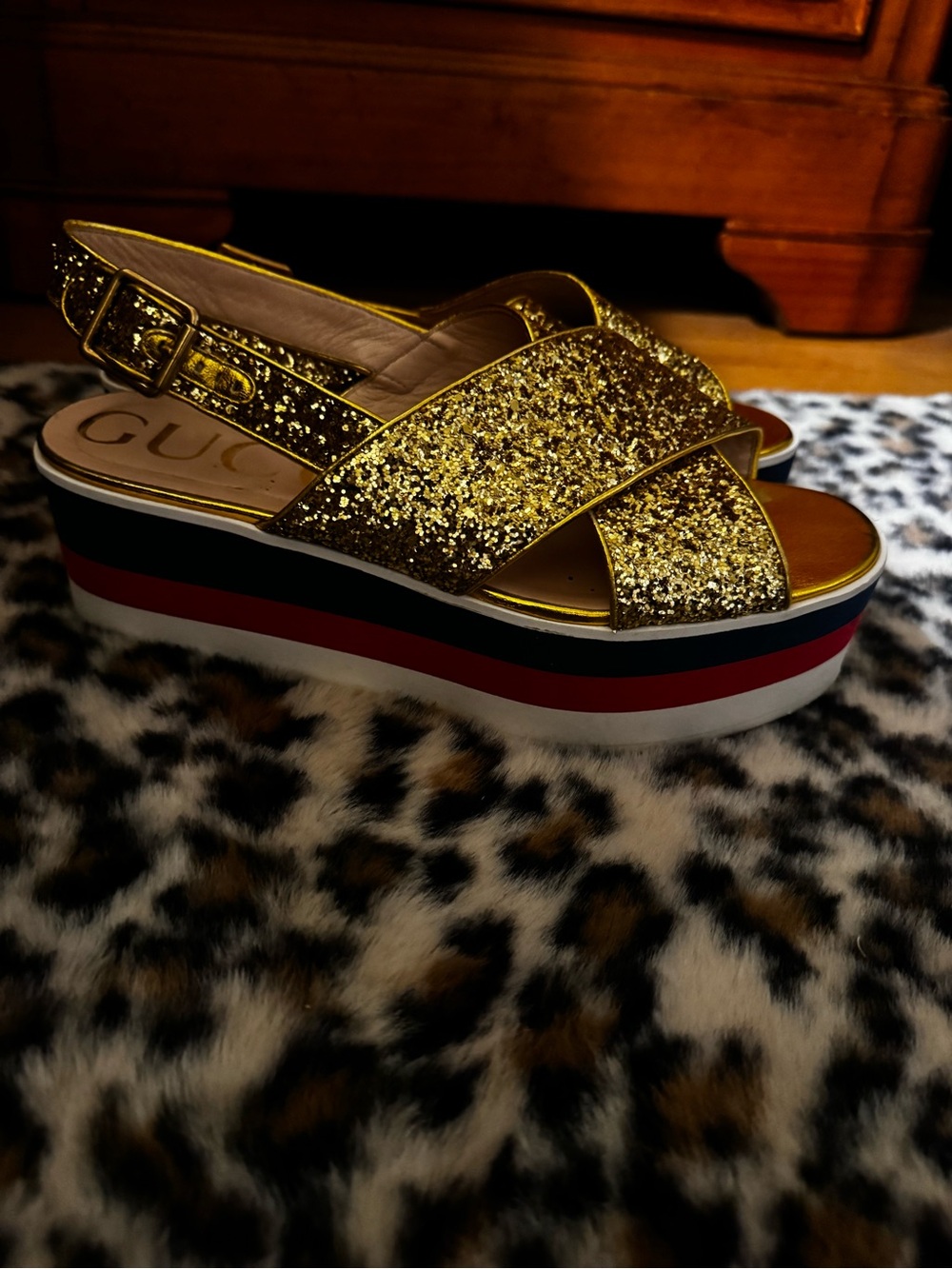Gucci Gold Glitter Striped Platform Sandals
